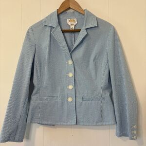 Talbots Size 10 Seersucker Jacket/Blazer Blue/White Candy Striped Office Cotton
